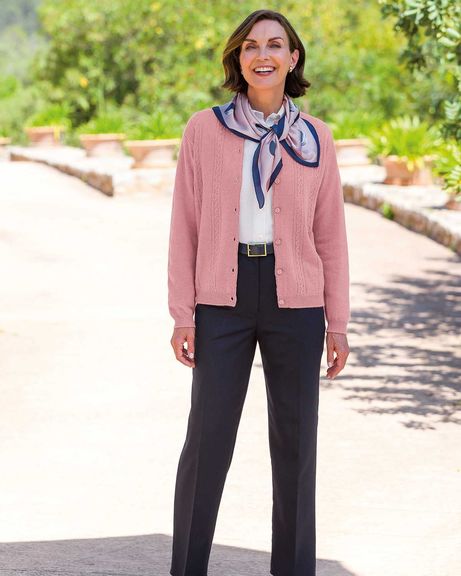Dusky Pink Lambswool Cable Cardigan, Cream Soft Handle Blouse & Navy Flannel Trousers