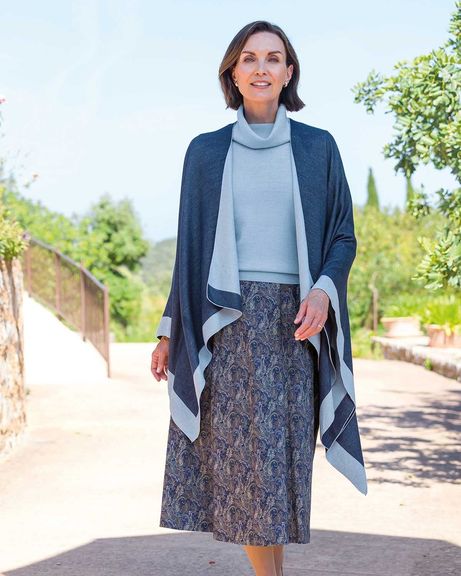 Pale Blue Cowl Neck Merino Sweater, Blue Reversible Wrap & Delilah Paisley Patterned Pull On Cotton Skirt