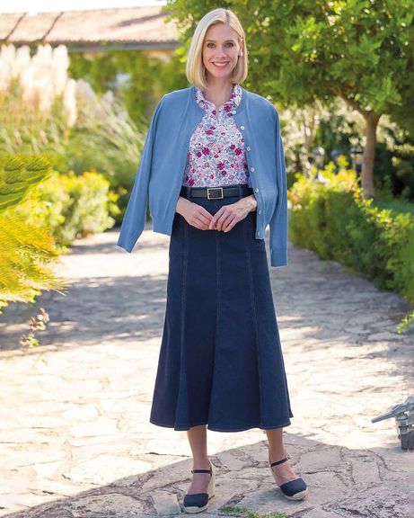 Enya Polo Top, Merino Short Cardigan and Denim Skirt Outfit