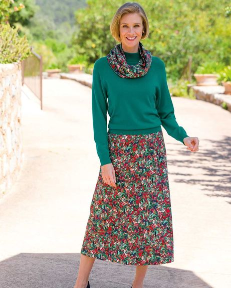 Jade Merino Turtle Neck Sweater & Coco Patterned Pull On Silky Cotton Skirt