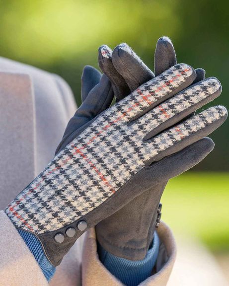 Avery Touch Screen Checked Ladies Gloves - Stone