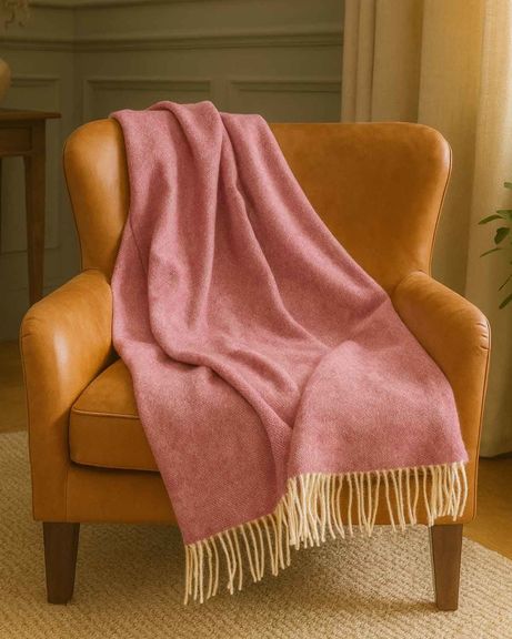 Luxury Pure Wool Herringbone Throw - Pink