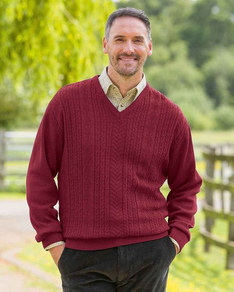 Haydock Cable Knit V Neck Claret Jumper