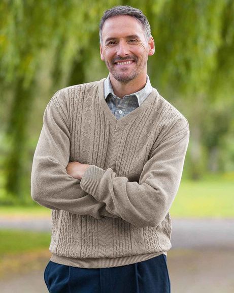 Haydock Cable Knit V Neck Taupe Jumper